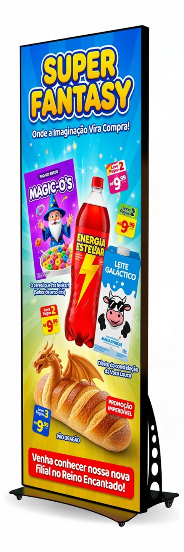 Totem de LED em rede de farmácias exibindo ofertas